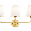 Bathroom Light Fixtures, 3Light Brushed Gold Vanity Lights, 24.5" Bathroom Lighting Fixtures Over Mirror with Flared White Fabric Shade, Modern Wall Sconces for Bedroom Living Room Hallway