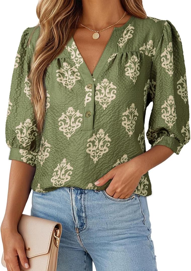 Dokotoo 3/4 Length Sleeve Womens Tops Dressy Casual Blouses V Neck Button Down Shirts Business Casual Outfits Printed. Dress Shirt Short Sleeve Boho Green Tops Small