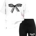 Girl's 2 Piece Cute Summer Outfits Bowknot Graphic Short Sleeve T Shirt and Biker Shorts Set (White)