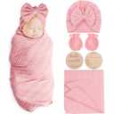 Newborn Receiving Blanket with Bow Hat Mittens Wooden Card Set Wheat-Pattern Newborns Toddler Baby Boy Girl Nursery Swaddle Wrap