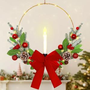 TOCHGREEN Christmas Wreath with Taper Candle Lights for Front Door Artificial Christmas Hoop Wreaths Outdoor Prelit Winter Wreath for Farmhouse Xmas Holiday Porch Fireplace Window Decorations (Red)