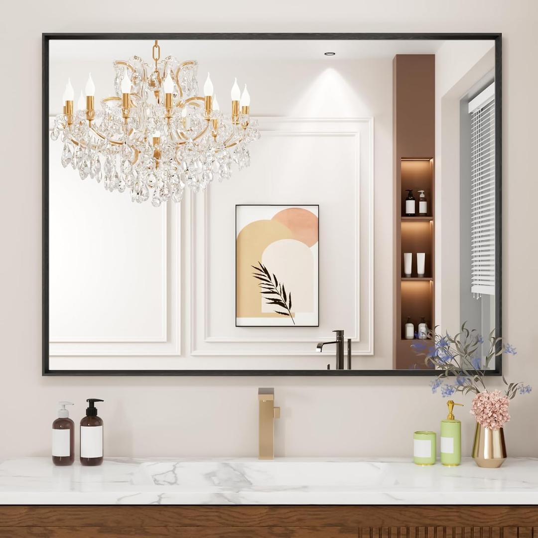 Bathroom Mirror, 24X36 Inch Matte Black Framed Mirror, Rectangular Wall Mirror, Vanity Mirror Wall Mounted, Anti-Rust, Tempered Glass, Hangs Horizontally or Vertically