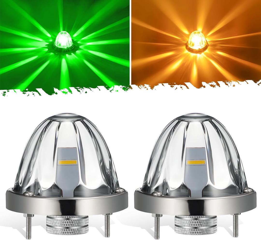 Partsam 2Pcs Dual Color Amber/Green LED Glass Lens Watermelon Lights, [Patented] Turn Signal Marker Lights with Stainless Steel Bezel Compatible with Kenworth Peterbilt Freightliner