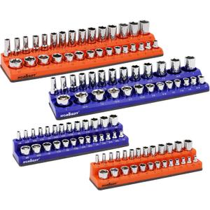 HORUSDY 4-Piece Magnetic Socket Organizer Set, Holds 1/4" & 3/8" SAE & Metric Standard/Deep Sockets, Strong Rubberized Magnetic Base, Durable Plastic Socket Holder for Toolbox & Workbench