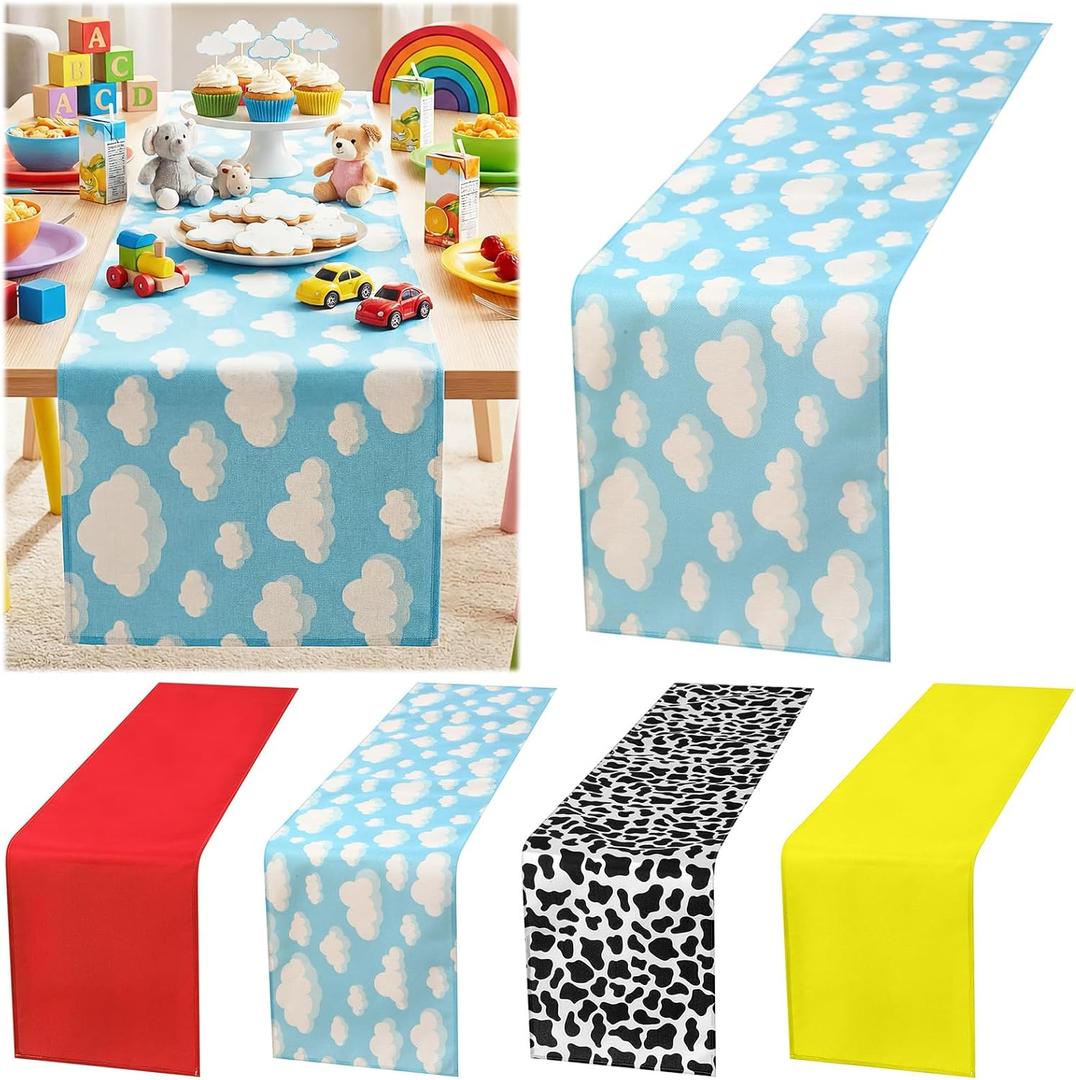 Potchen 4 Pcs Cartoon Table Runner 13 x 72 Inch Blue Sky White Cloud Cow Print Red and Yellow Table Runner Party Supplies Decor for Baby Shower Boy Girl Birthday Party Decorations