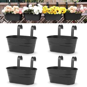 OGIMA 4pcs Hanging Flower Pots, Metal Iron Wall Planter Indoor/Outdoor for Railing Fence Balcony Garden Home Decoration with Detachable Hooks (4x Black)
