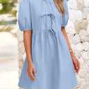 PRETTYGARDEN Womens 2025 Summer Casual Short Sleeve Dresses A Line Bow Tie Front Babydoll Loose Cute Mini Dress with Pockets (S)