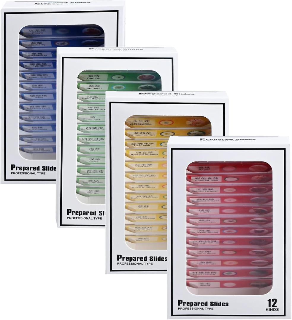 48 Prepared Microscope Slides Set, Insects Animal Plant Fruit Vegetable Specimens for Kids, Biological Learning Resource Specimens for Beginner Classroom Basic Science Education (MS-01)
