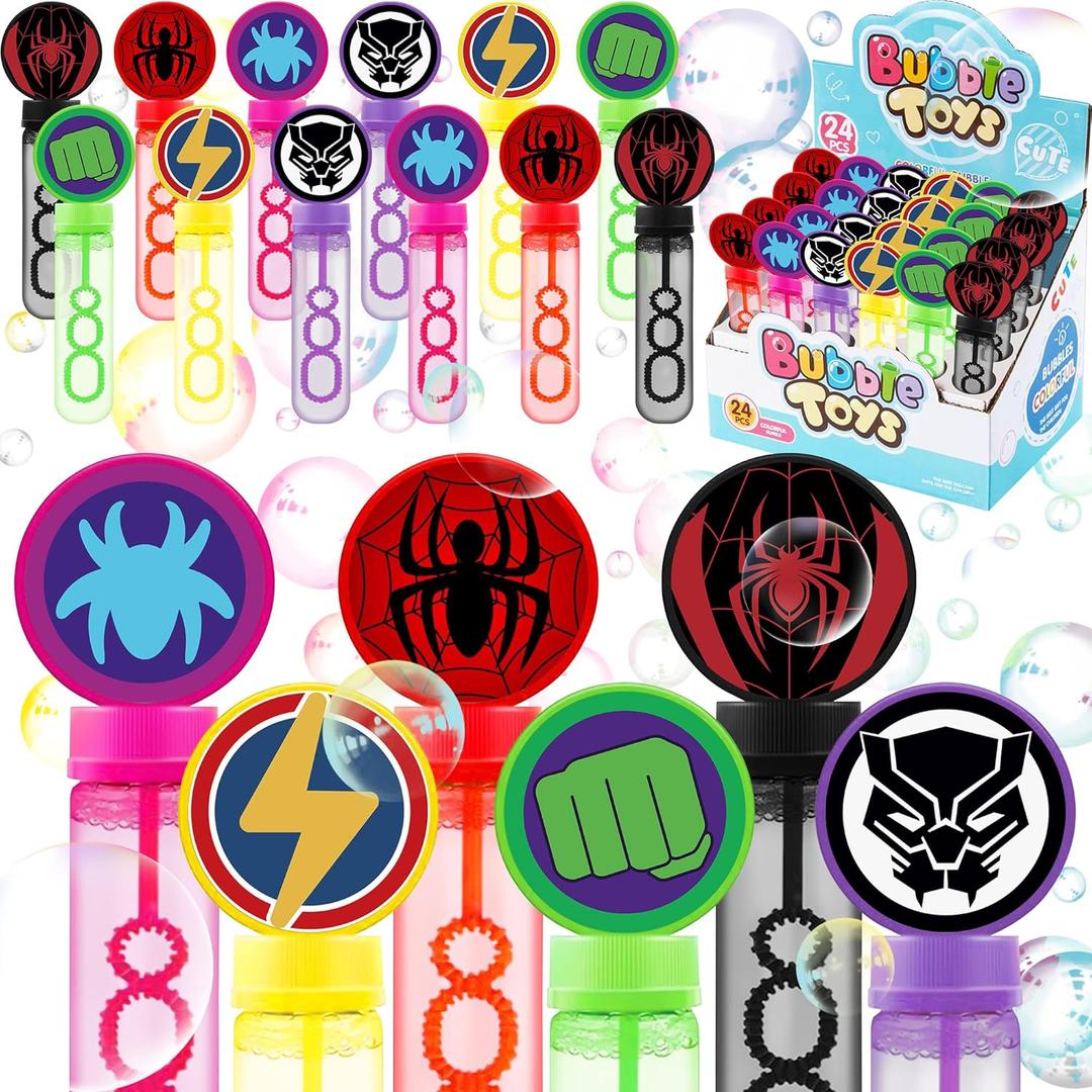 24Pcs Superhero Bubble Wands for Amazing Theme Party Favors - Kids and His Friends Birthday Party Supplies - Outdoor Summer Toys - Valentine Christmas Easter Gift - Spider Goodie Bag Stuffers