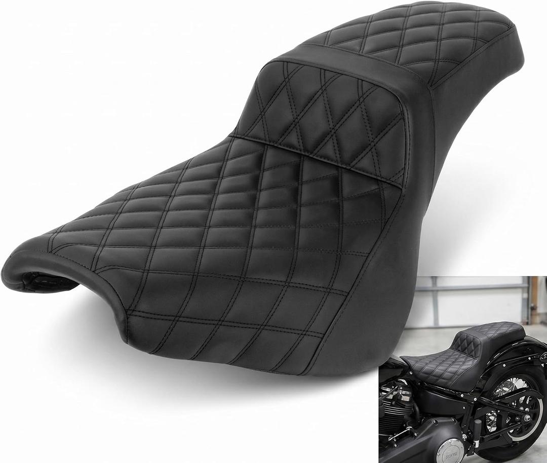 PSLER Motorcycle Driver & Passenger Seat for Softail 2018-2025 Black | Black Grid Pattern Seat Fits Softail Standard, Deluxe & Street Bob 2018-2025. Comfortable Driver Passenger Design