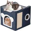 Cat Beds for Indoor Cats, Large Cat House Foldable Cat Cave with Scratch Pad and Hanging Fluffy Ball, Reversible Cushion Hideaway for Pet Cats, 16.5x16.5x13.2 inches, Dark Blue