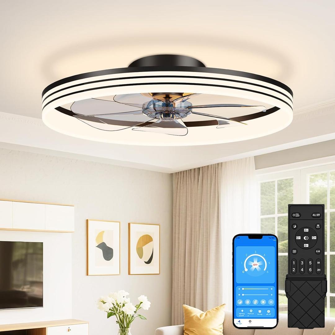 VOLISUN Low Profile Ceiling Fans with Lights and Remote, 24in Flush Mount Ceiling Fan with Light, 3000K-6500K Dimmable Fandelier LED Fan Light, Black Bladeless Ceiling Fans with Lights for Bedroom