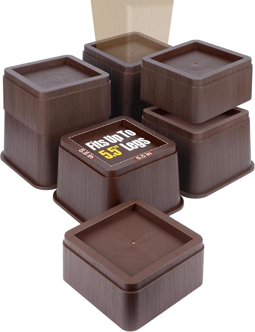 8 inch Bed Risers Adjustable Furniture Risers - Heavy Duty Non-Slip Lift Supports for Beds/Couches/Sofas, Durable Square Design with Creates Storage Space (4 Pack Brown, Huge5.5 8 inch)