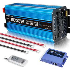5000W Pure sine Wave Inverter DC 12V to AC 110V/120V Converter 10000w (Peak) with LCD Display Wireless/Wired Remote Control 4AC outlets 4USB and Hardwired AC.Ideal for RV Travel Off-Grid Solar Systems