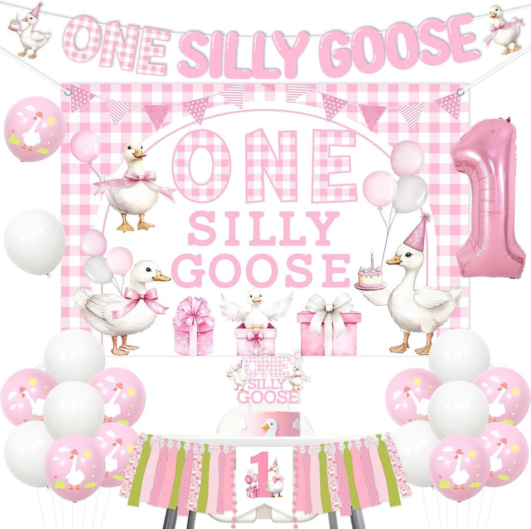 Wonmelody Goose First Birthday Decor Girl One Silly Goose Backdrop Banner Pink Gingham 1st Birthday High Chair Banner Geese Cake Topper Funny Geese Hanging Supplies for Farm Animal First Bday