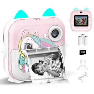 Instant Print Camera for Kids, Christmas Birthday Gifts for Girls Boys, Selfie Digital Camera with 1080P Videos, Portable Toy for 4 5 6 7 8 9 10 Years Old Girl with Print Paper & 32G Card (Pink)