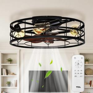 TCL 24" Black Caged Low Profile Ceiling Fans with Lights & Remote | Flush Mount Fandelier, Rustic Farmhouse Style Ceiling Fans for Bedroom, Kitchen,Outdoor