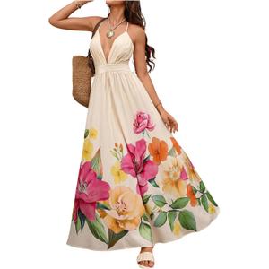 OYOANGLE Women's Floral Sleeveless Boho Maxi Dress Deep V Neck Criss Cross Backless Beach Vacation Sundress Beige X-Large