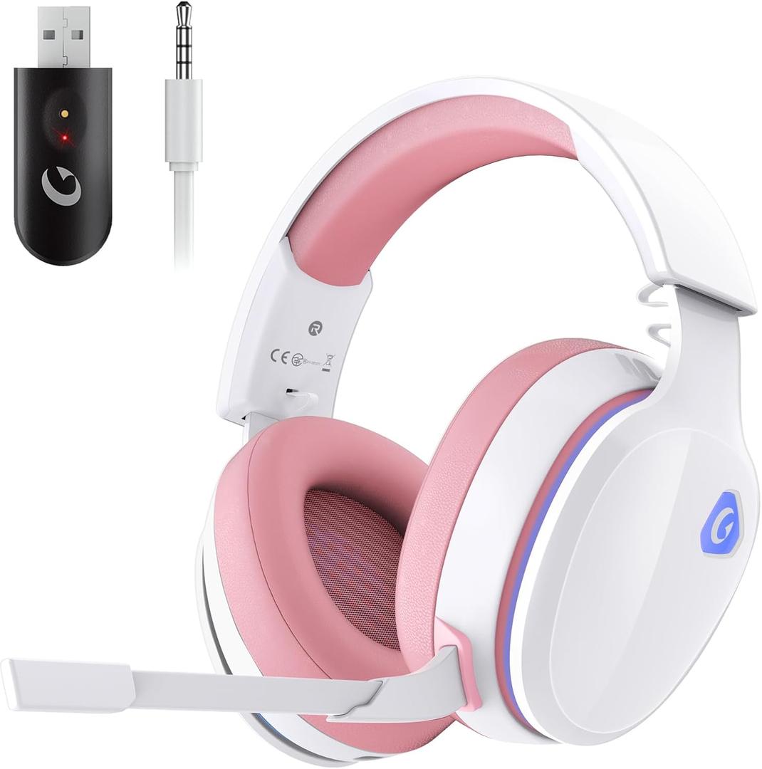 Gtheos 2.4GHz Wireless Gaming Headset for PS5, PS4 Fortnite & FPS Gamers, PC, Nintendo Switch, Bluetooth 5.3 Gaming Headphones with Noise Canceling Mic, Stereo Sound, 40+Hr Battery (Pink)
