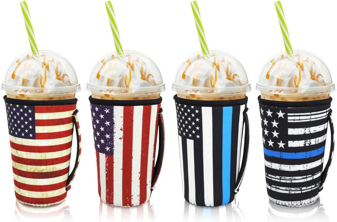 4Pack Reusable Iced Coffee Sleeve Insulator Sleeves for Cold Drinks Beverages, Neoprene Cup Holder for Most Coffee, Fits 22-24oz Medium Cups (American Flag with Handle)