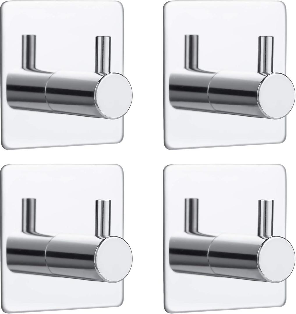4 Pack Silver Adhesive Wall Hooks, Adhesive Chrome Hooks Bathroom Towel Hooks Chrome SUS 304 Stainless Steel Wall Hooks, Heavy Duty Waterproof Hooks, Robe Hooks for Bathroom Kitchen Bedroom