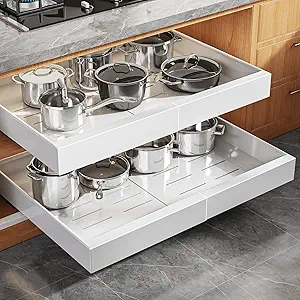 2 Pack Expandable (15.1"-26.3") Pull Out Cabinet Organizer 21" Deep With Raising Pad for Framed Cabinets,Upgrade 3 Slide Rails Slide Out Drawers,No Drill Roll Out Shelves Adhesive