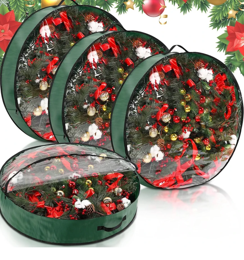 Aliceset 4 Pack Wreath Storage Containers, Storage Bags with Window and Handles, Durable Decoration Box Holder for Holiday