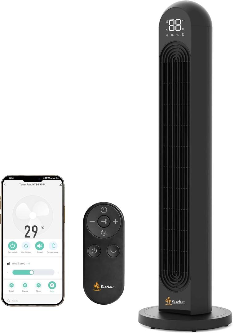 EcoNour Smart Tower Fan with Wifi & Alexa Control, 42 Inch, 120 Oscillation, 2000 CFM High Airflow, 28dB Quiet DC Motor, 12 Speeds & 4 Modes, 1500 RPM standing Floor Fan for Bedroom, Home & Office