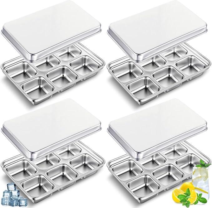 Domensi 4 Pack Stainless Steel Ice Cube Trays for Freezer Metal Ice Cube Trays with Lid Easy Release Molds Durable and Dishwasher Safe for Bars Kitchens Cocktail Freezer Whiskey