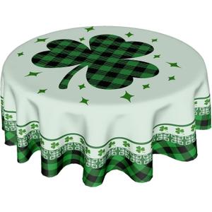 St Patricks Tablecloth Round 60 Inch Green Shamrock Tablecloth Buffalo Plaid Clover Table Cloth Farmhouse St Patrick's Day Tablecloth for Kitchen Holiday Picnic Party Dinner Room Outdoor Decor
