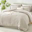 HIMEET Queen Comforter Set - 7 Pieces Seersucker Bed in a Bag Queen Size, Luxury Boho Comforter Set with Sheets for All Season, Bed Set with Comforter, Sheets, Pillowcases & Shams, Beige