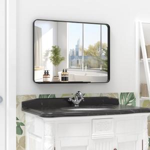 BEAUTME 30 x 22 Inch Bathroom Mirror, Matte Black Wall Mirror with Metal Shelf, Decorative Rectangular Vanity Mirror for Bedroom/Bathroom/Living Room/Entryway (Horizontal/Vertical)