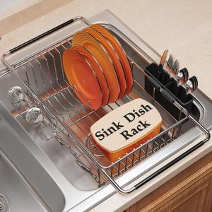 Over the Sink Expandable Dish Drainer Drying Rack In Stainless Steel for Small Kitchen, Counter Space Saving Modern Compact Metal Above Plate Dryer Strainer, Adjustable Hanging Inside Drain Holder (For 11.5"-30"W Sink, Silver)