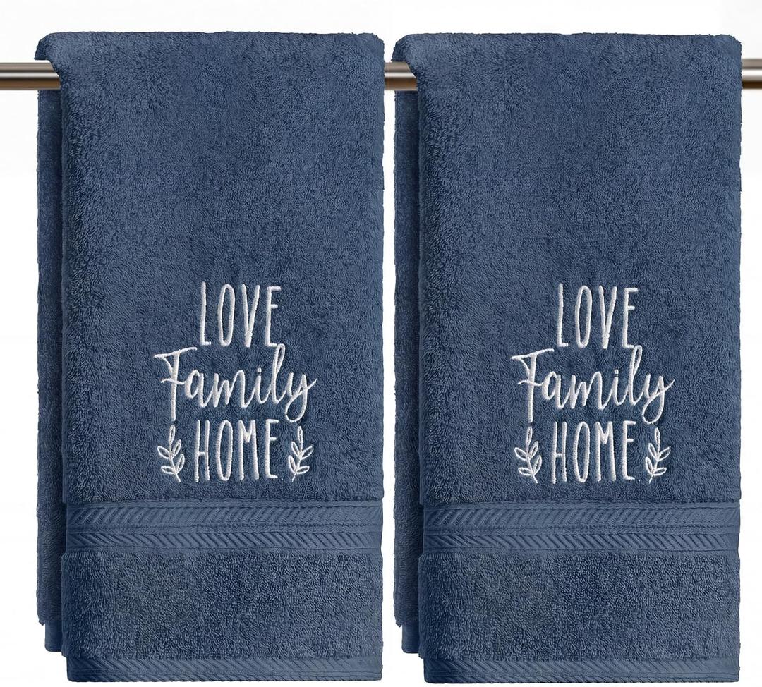 Artoid Mode 2 Pcs Navy Blue Love Family Home Embroidered Hand Towels for Bathroom, Cotton Soft Absorbent Farmhouse Decor Towels, 13.7 x 29.5 Inch