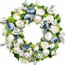 Spring Wreath for Front Door 22-24 Inch, Peony Blue White Wreath, Summer Floral Chaplet, Rose Hydrangea Full Handmade Door Wreaths for Outdoor All Season, Wall and Window Decor