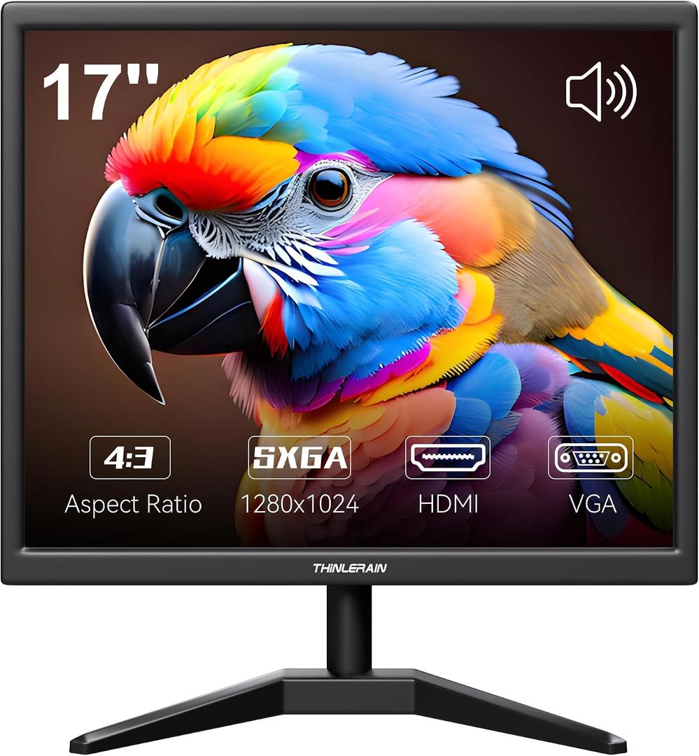 17 Inch Computer Monitor, 4:3 1280x1024 Small Desktop Square Monitor with VGA HDMI, VESA Wall Mountable, Built-in Speakers for Office POS Raspberry Pi Industrial