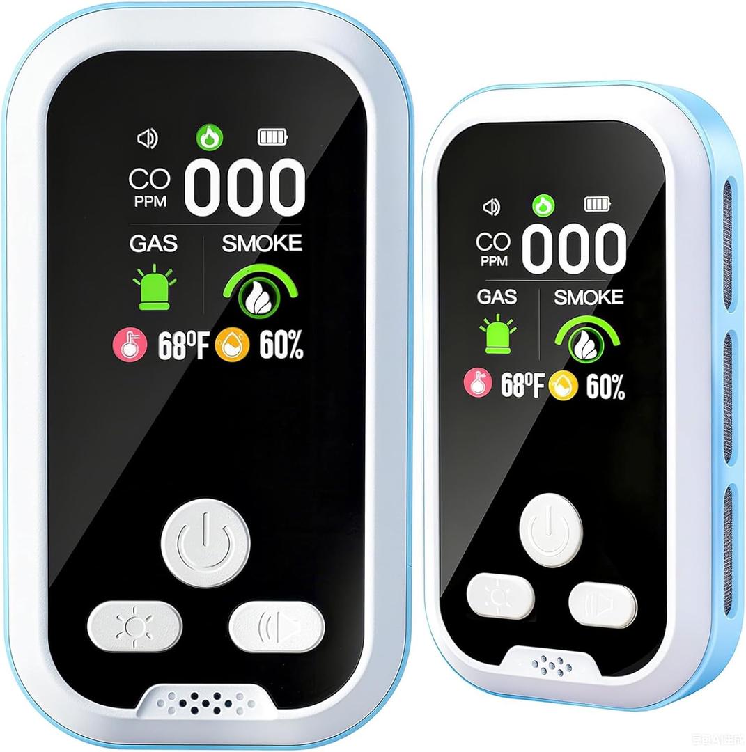 5-in-1 Carbon Monoxide Detector 2 Pack Combo with LCD Display, Detects CO, Natural Gas, Smoke, Temperature, Humidity for Home, Hotel, RV, Apartment Safety, Monoxide Alarm HD Screen