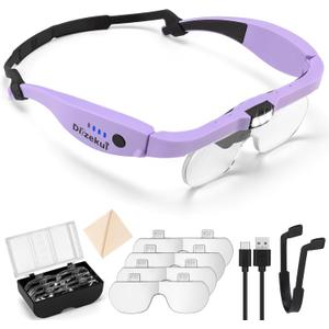Magnifying Glass with Light 1.5X to 5.0X, Rechargeable Magnifying Glasses Head Magnifier, Lighted Magnify Glass with 4 Detachable Lenses, Magnifier Headset for Close Work Hobbies Jewelry (Purple)
