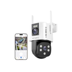 Ipcamera XmartO WiFi6 Dual-Lens Security Camera, 4MP QHD 2-in-1 Home Camera with 180° Static FOV & 360°PTZ AI Tracking, 5G/2.4G Dual Band, Bluetooth Easy Setup, (Works Only w WiFi6 NVR, Also Works Standalone)