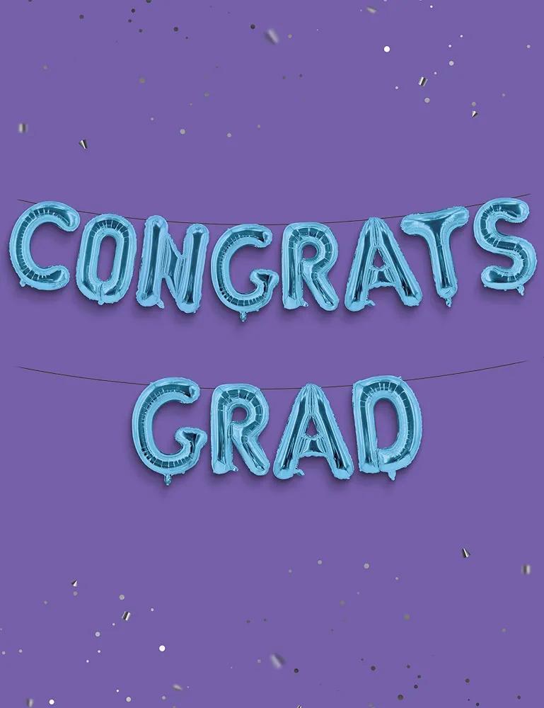 HOUSE OF PARTY Blue Congrats Grad Balloons Banner - 16 Inch Blue Graduation Foil Balloons for Graduation Party Decorations 2024, Congratulations Backdrop Balloons for Class of 2024 Graduation Decor