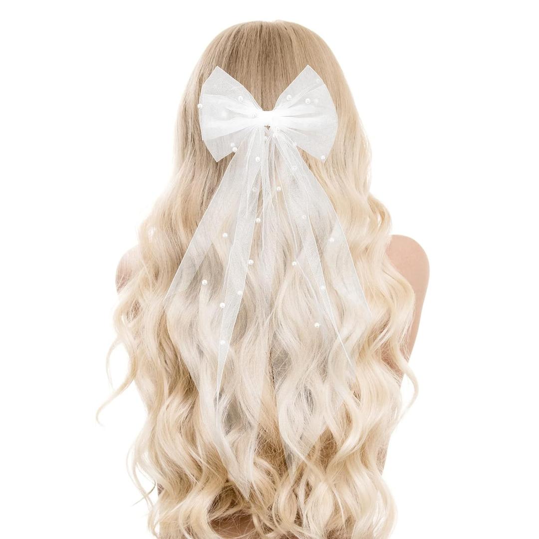 Bridal Pearl Hair Bow Veil Bridesmaid Large Hair Bow Wedding Veil with Barrette Bachelorette Party Decorations Bridal Bridesmaid Gift (White)