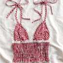 WDIRARA Women's Gingham Cami Crop Tops Plaid Contrast Lace V Neck Camisole Tops (S)