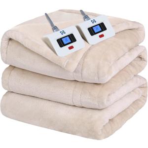Sealy Electric Blanket King Size, Flannel Heated Blanket with10 Heating Levels & Auto Shut Off, Machine Washable, Beige, 100 x 90 Inch