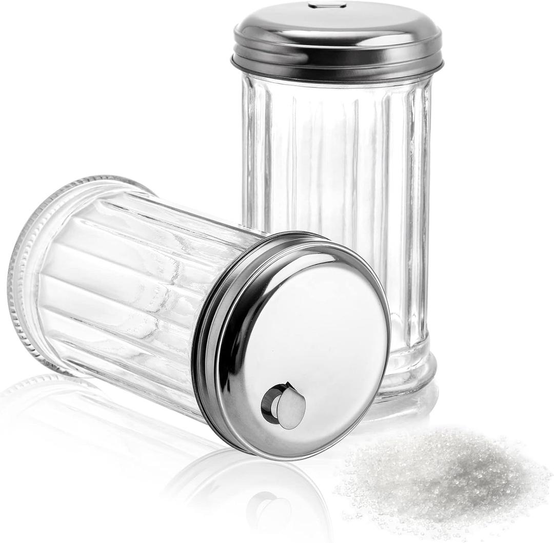 Tebery 2 Pack 12OZ Glass Sugar Dispenser/Pourer/Shaker with Stainless Steel Pour-Flap Lid, Retro Style