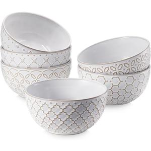 DOWAN Ice Cream Bowls 9 OZ, Small Bowls Set of 6, 4.5 Inch Ceramic Embossment Stoneware Bowl, Kitchen Decor&Housewarming Gift, White Bowls Set for Dessert, Fruits, Snack, Dishwasher & Microwave Safe