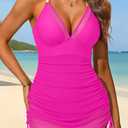 Aqua Eve One Piece Swim Dress - Tummy Control Swimsuit Modest Bathing Suit with Skirt V Neck Mesh Swimwear 2025 (Pink, M)