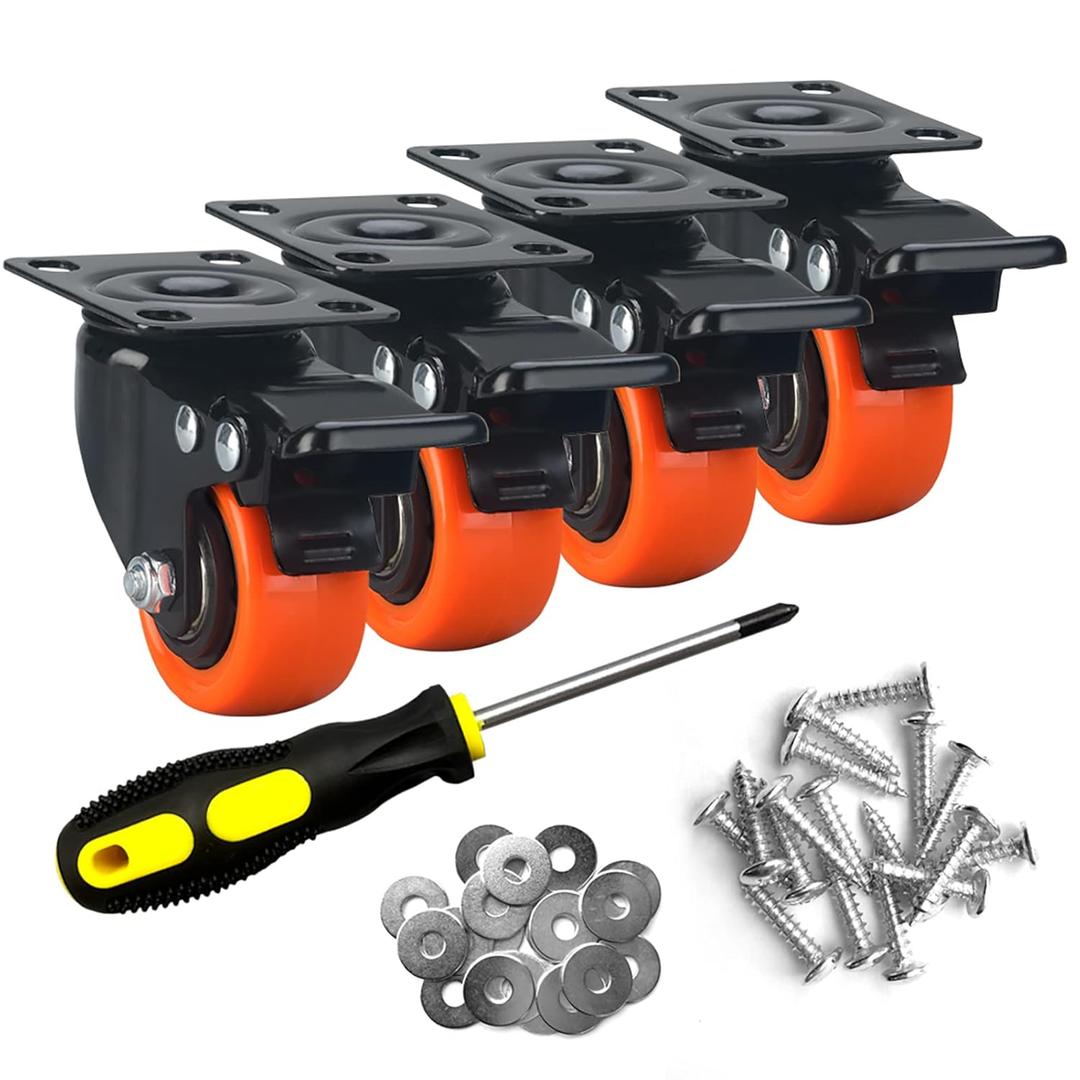 2" Caster Wheels Set of 4, Heavy Duty Casters with Brake, No Noise Locking Casters with Orange Polyurethane (PU) Wheels, Swivel Plate Castors Pack of 4