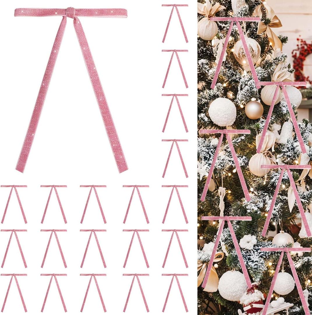 2 x 24 PCS Velvet Bows Christmas Ornaments Decorations, Sparkly Glittery Pink Velvet Bows Ornaments for Christmas Tree, Unique Elegant Xmas Home Holiday Decor for Tree Mantle Wreath Gift Wrap