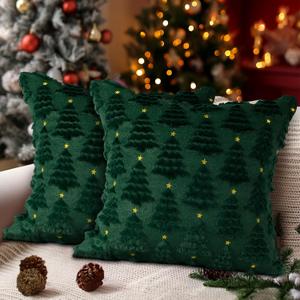 Lanpn Christmas 14x14 Throw Pillow Covers Set of 2, Winter Star Chrismas Tree Throw Pillow Cases Soft Plush Faux Fur Wool 14 x 14 Winter Cushion Cover for Indoor Home Bedroom Couch Sofa Decor (Green)