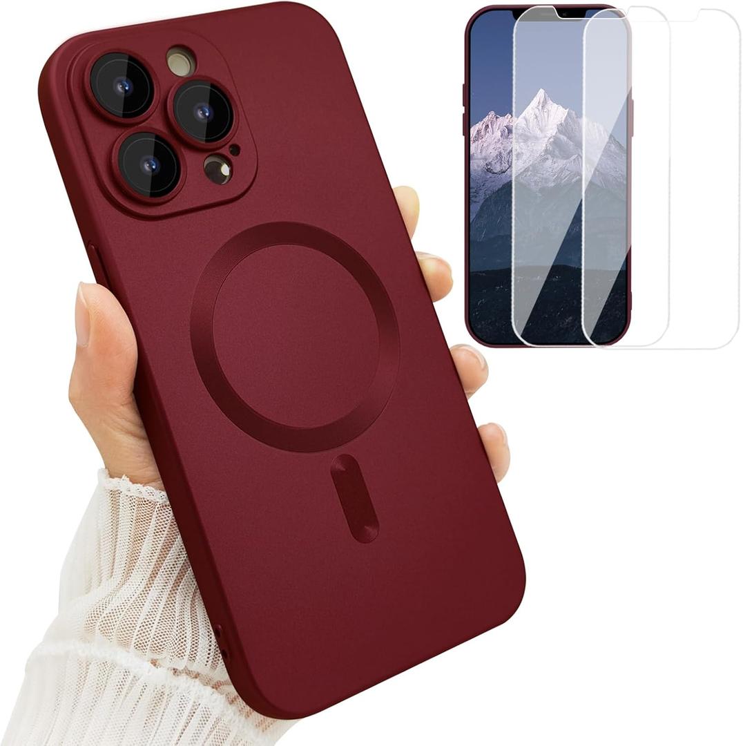 ankofave Magnetic Case for iPhone 12 Pro Max Phone Case for Women, [Compatible with MagSafe] Matte Soft Metallic Design with Lens Protectors and 2 Screen Protectors for iPhone 12 Pro Max 6.7"-Wine Red